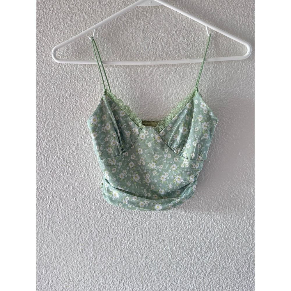 Princess Polly Sage Green Floral Lace Trim Cami Crop Top Size 2 Cottagecore